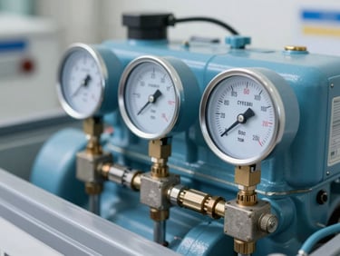 Close-up of pressure gauges connected to a commercial walk-in freezer compressor, metallic blue tones, crisp focus on the dial readings.