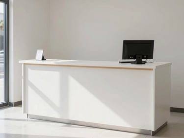 Clean, calm clinic reception desk, empty, with bright natural daylight, 35mm lens.