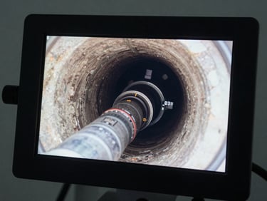 Close-up of a diagnostic camera screen displaying a clean, high-resolution interior view of a sewer pipe, technical readouts on screen.