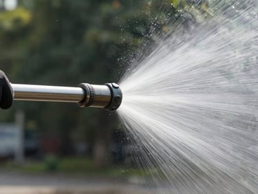 A high-velocity hydro-jetter nozzle blasting high-pressure water streams outward, stainless steel tool, outdoor daylight.