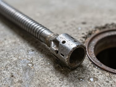 Macro shot of a heavy steel drain snake tool head sitting on concrete next to a cleared floor drain, wet textures.