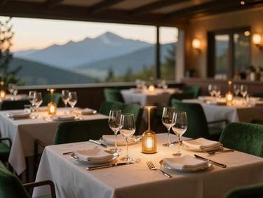 Warm editorial photography of an elegant dining hall set for dinner, warm indoor ambient light, forest green accents, polished brass details, glasses reflecting soft light, 35mm lens