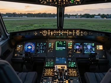 Dramatic close-up of modern flight deck avionics and glowing cockpit screens at dusk, high-contrast clean lines, technical details visible.
