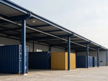 Clean architectural lines of a modern logistics terminal, soft natural daylight, deep navy steel structures, professional depth of field.