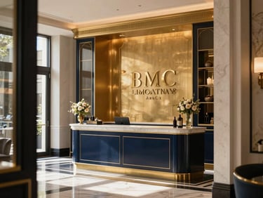 The elegant reception lobby of a premium boutique hotel, warm gold accents, soft natural morning light, architectural depth.