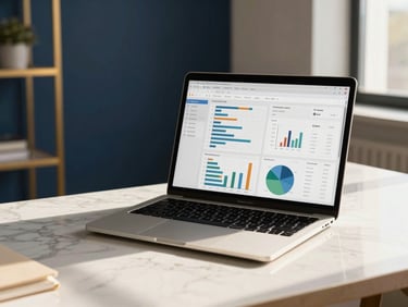 A modern workspace with a high-end laptop displaying clean data charts, sunlit marble desk, warm gold lighting, 35mm editorial.