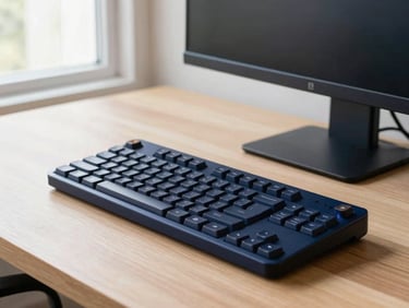 Close-up of a high-end designer keyboard and sleek monitor on a minimalist wooden desk, bright morning window light, 35mm.