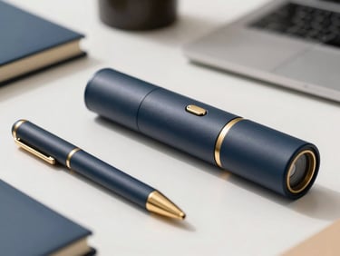 Close-up of high-end workspace tools on a clean desk, soft daylight, navy and gold tones.
