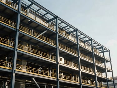 Abstract architectural crop of a high-tech clean manufacturing facility, bright daylight, structured steel and glass, 35mm.