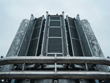 Close-up of industrial clean energy fuel cell stack, stainless steel manifolds, cool overcast daylight, desaturated steel tones, 35mm