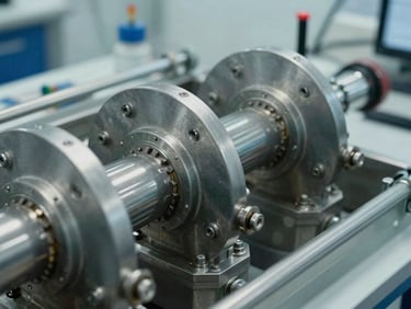 Industrial fuel cell testing lab, close-up of technical components, desaturated steel tones, 35mm