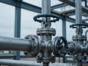 Macro detail of industrial chemical processing valves and steel pipelines, cool architectural interior lighting, desaturated blue tones, 35mm