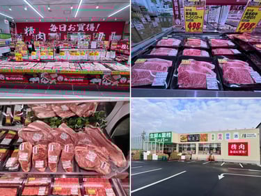 業務スーパー堺中央環状店内に開店した「肉のTAKASHI」堺中央環状店の売り場と黒毛和牛商品、店舗外観のイメージ｜堺市のグルメ情報ならサカイタイムズ