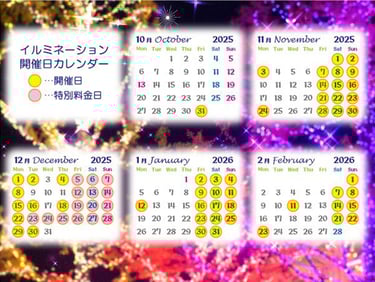 「Wonder Night Hill 2025」イルミネーション開催日のカレンダー画像。2025年10月から2026年2月までの開催日と特別料金日を示す|堺市のイベント情報ならサカイタイムズ