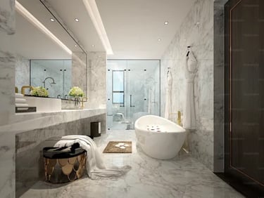 a bathroom with a tub tub and a large mirror