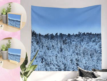 Forest printed on a wall tapestry same image on small prints in circle inserts
