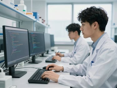 A dynamic medium-close shot of a young adult scholar collaborating in a modern tech lab, focused on writing code on a monitor, bright natural daylight with cool crisp undertones, shallow depth of field, 35mm