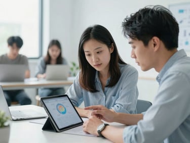 An active mentorship session with a mentor and scholar reviewing a digital prototype on a tablet in a bright creative workspace, cool crisp undertones, shallow depth of field, 35mm