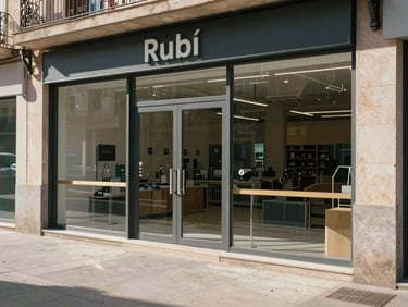 Exterior of a ground-floor commercial premises in Rubí, large glass shopfront, daylight, clean concrete pavement, no people