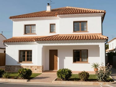Daylight exterior of a detached house in Terrassa, white render with terracotta tile roof, small front garden, bright midday light, no people