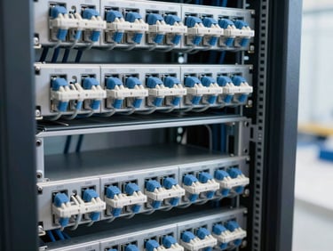 Close-up of neatly organized Cat6A structured cabling in a server rack, clearly labeled, bright commercial indoor lighting, crisp details, 35mm lens.