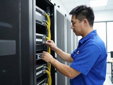 Medium shot of a Thunderbird Technology Group field technician, focused, working on a server rack with labeled cables in a brightly lit commercial data center, clean commercial photography, bright natural daylight, crisp details, structured technical environments, realistic color grading, 35mm lens