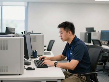 Medium shot of a clean, organized office environment with a technician working at a desk, branded Thunderbird Technology Group elements subtly visible, clean commercial photography, bright natural daylight, crisp details, structured technical environments, realistic color grading, 35mm lens