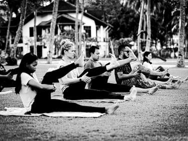 A group of people doing yoga exercises on a lawn