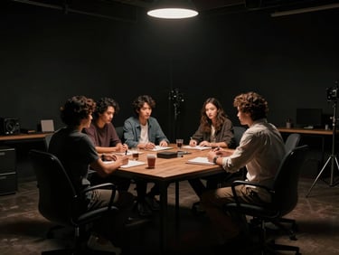 Cinematic wide shot of a creative production meeting in a dark, high-end studio, soft practical lights, moody atmosphere, 35mm