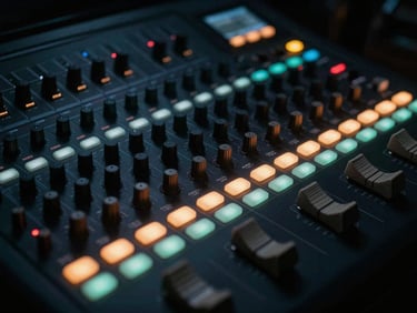 Extreme close-up of a high-end color grading control panel in a dark studio, glowing buttons, soft cinematic lighting, rich contrast, 35mm