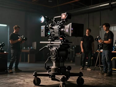 Professional behind-the-scenes set photography of a high-end cinema camera rig on a dolly, dramatic low-key chiaroscuro lighting with anamorphic lens flares, crew members in soft focus in a dark industrial studio setting, 35mm film photography.