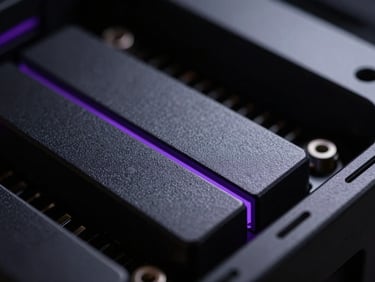 Macro close-up of server hardware components, deep gray and black textures, sharp violet edge highlights, low-key studio lighting