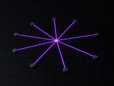 Flat-lay technical schematic of a network routing diagram, glowing violet vector lines on a deep black grid, high-contrast minimalist digital art