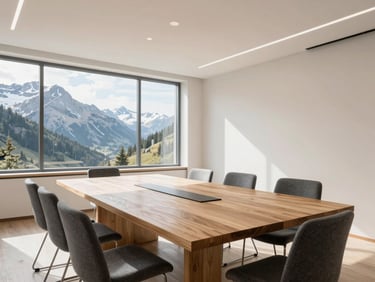 Bright and clean meeting room, a large wooden table, modern chairs, natural daylight, technical and professional atmosphere