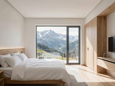 Bright modern bedroom interior, crisp white linens, minimalist wooden furniture, natural alpine light flooding through a window
