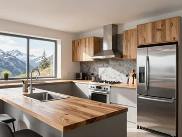 Clean modern kitchen interior, bright daylight, stainless steel appliances, warm wood countertops, organized and professional setup
