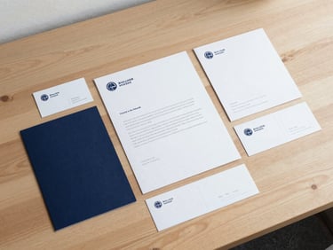 Overhead flat-lay of physical brand stationery, business cards, and letterheads on a clean wooden desk, bright natural light
