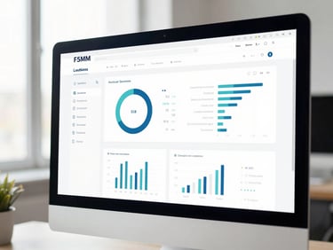 Clean web dashboard interface showing data charts displayed on a desktop monitor, bright natural office lighting