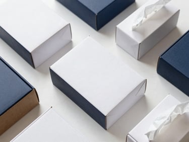 Flat-lay overhead of custom cardboard apparel boxes and printed tissue paper, sharp focus, 35mm lens editorial shot