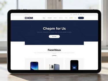 Clean digital interface of a modern e-commerce website displayed on an iPad, crisp shadows, natural window lighting