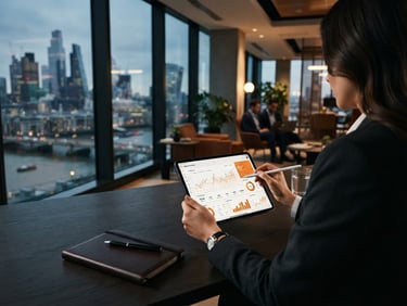 Modern corporate office, sharp high-contrast lighting, deep charcoal and vibrant orange tones, professional editorial style, 35mm, a business professional's hands analyzing financial data on a tablet, with a blurred cityscape in the background. Dynamic over-the-shoulder perspective, no faces visible. Wide panoramic 21:9 frame, subject off-center to the right.