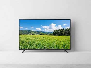 Clean product shot of a large flat-screen TV displaying a vibrant image, on a minimalist white wall, bright natural daylight, crisp focus, 35mm