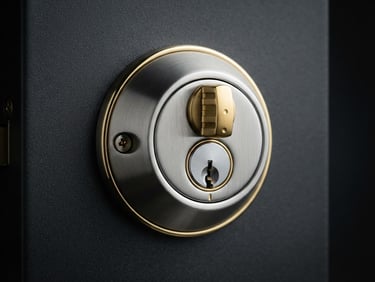 Close-up of a modern, sleek silver deadbolt lock with gold accents, studio lighting, crisp focus, charcoal background.