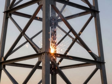 Close-up of industrial welds throwing sparks on a massive structural steel tower frame at golden hour.
