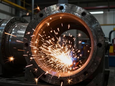 Close-up of industrial welds throwing bright amber sparks inside a massive steel turbine foundation, high-contrast low-light, dark industrial background.