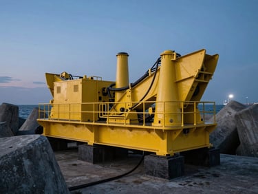 Heavy yellow iron machinery operating at dusk near coastal concrete flood barriers with dramatic low-light.