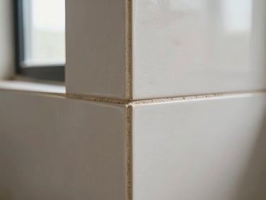 Tight close-up of precisely cut ceramic floor tile corner joint on a Cameroonian site, grout lines uniform, daylight from adjacent window