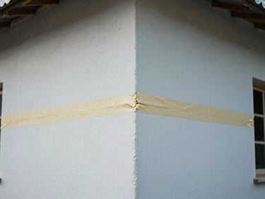 Detail of a freshly painted exterior wall corner on a Cameroonian building, straight masking tape line removed to reveal clean edge, daylight, no figures