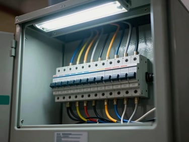 Close-up of a labeled electrical distribution panel with neatly routed colored wires and circuit breakers inside a Cameroonian building, overhead fluorescent work light