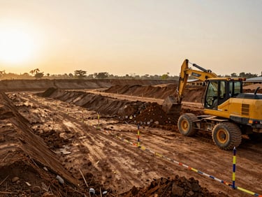 Wide shot of a leveled and compacted excavation site in Cameroon, organized earthwork machinery parked to the right, surveying stakes with colored tape at measured intervals, golden hour light low on the horizon